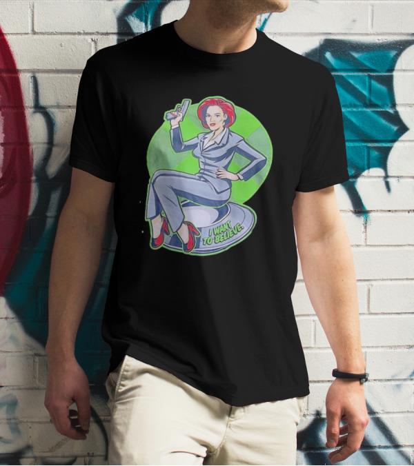 Gillian Anderson I Want To Believe Retro Cartoon Alien T-Shirt