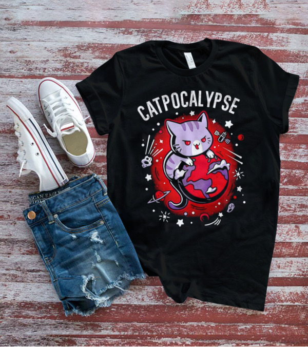 Catpocalypse Cat Battling Earth Amidst Cosmic Chaos T-Shirt