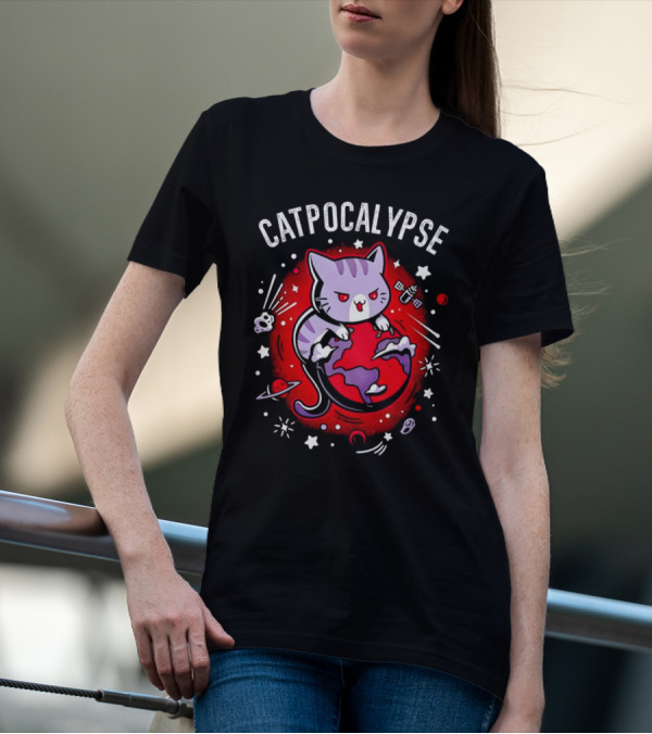 Catpocalypse Cat Battling Earth Amidst Cosmic Chaos T-Shirt
