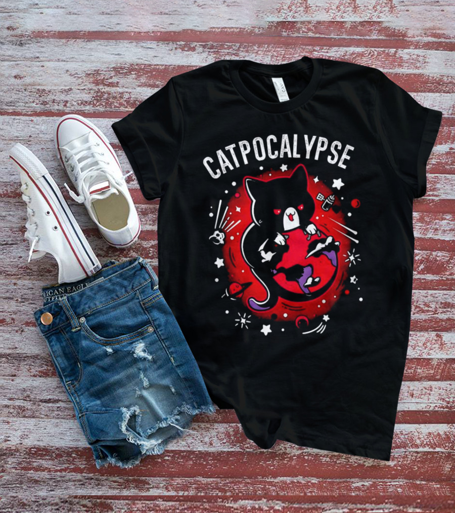 Catpocalypse Red Cat Holding Earth Surrounded By Space Elements T-Shirt