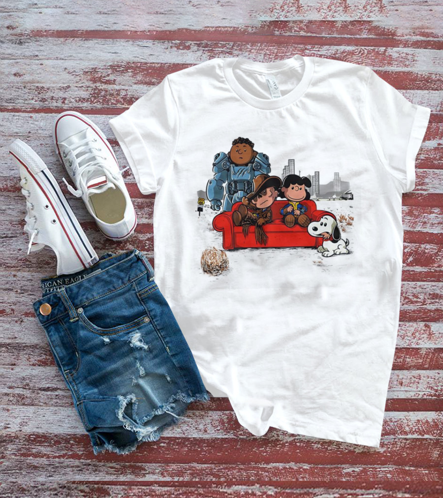 Peanuts Characters On Red Couch With Fallout Power Armor In Apocalypse Scene T-Shirt