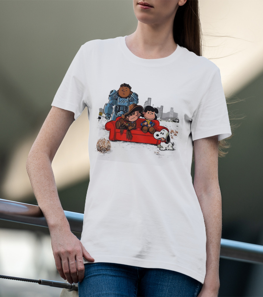 Peanuts Characters On Red Couch With Fallout Power Armor In Apocalypse Scene T-Shirt
