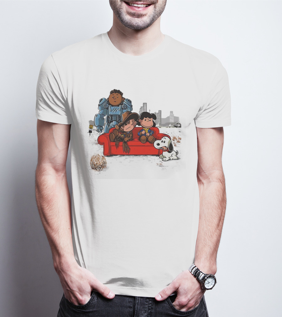 Peanuts Characters On Red Couch With Fallout Power Armor In Apocalypse Scene T-Shirt