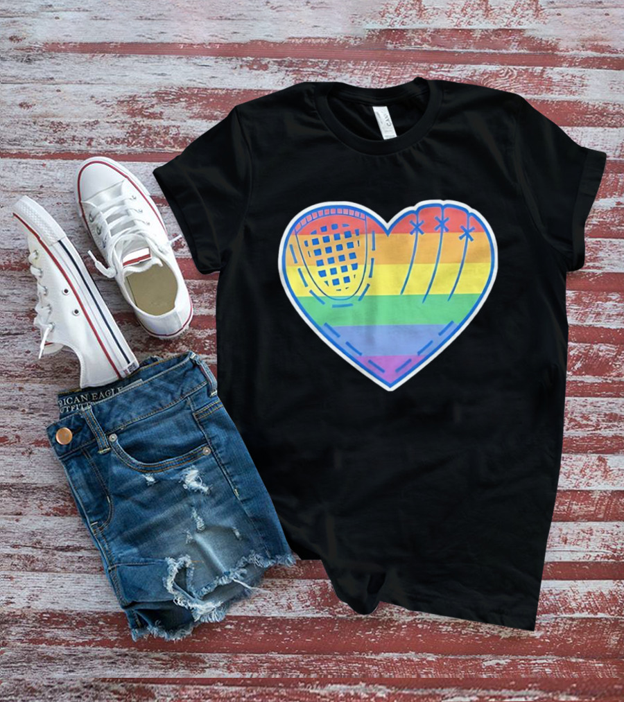 Pride Rainbow Striped Baseball Glove Heart T-Shirt