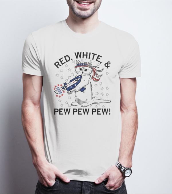 Red White And Pew Pew Pew Cat With Stars And Stripes Headband And Laser Gun T-Shirt