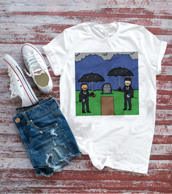 RIP SplashBros Cartoon Memorial With Suited Figures Holding Black Umbrellas T-Shirt