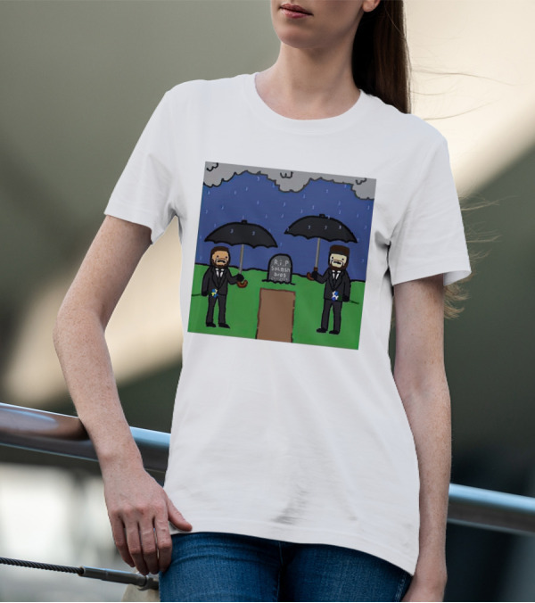 RIP SplashBros Cartoon Memorial With Suited Figures Holding Black Umbrellas T-Shirt