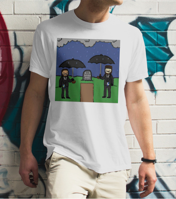 RIP SplashBros Cartoon Memorial With Suited Figures Holding Black Umbrellas T-Shirt