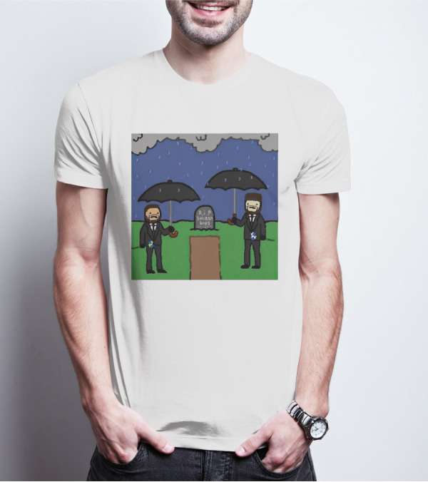 RIP SplashBros Cartoon Memorial With Suited Figures Holding Black Umbrellas T-Shirt