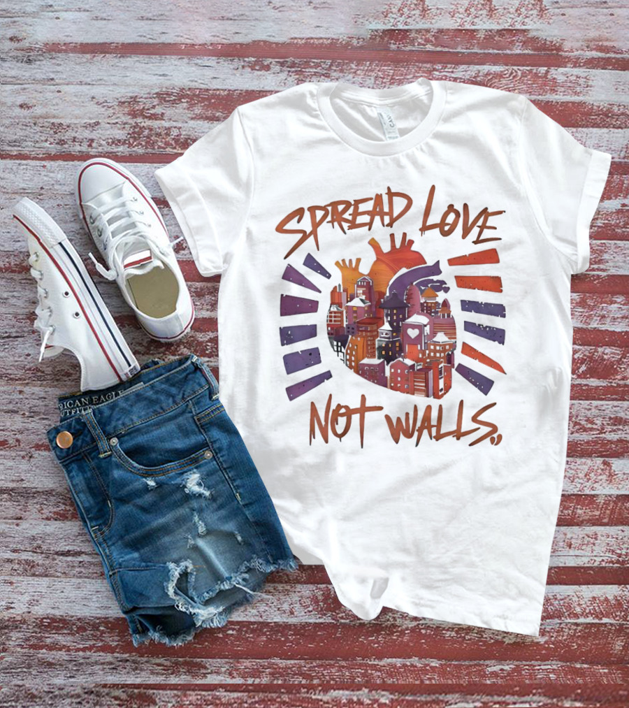 Spread Love Not Walls Cityscape Heart Crown Sunset T-Shirt