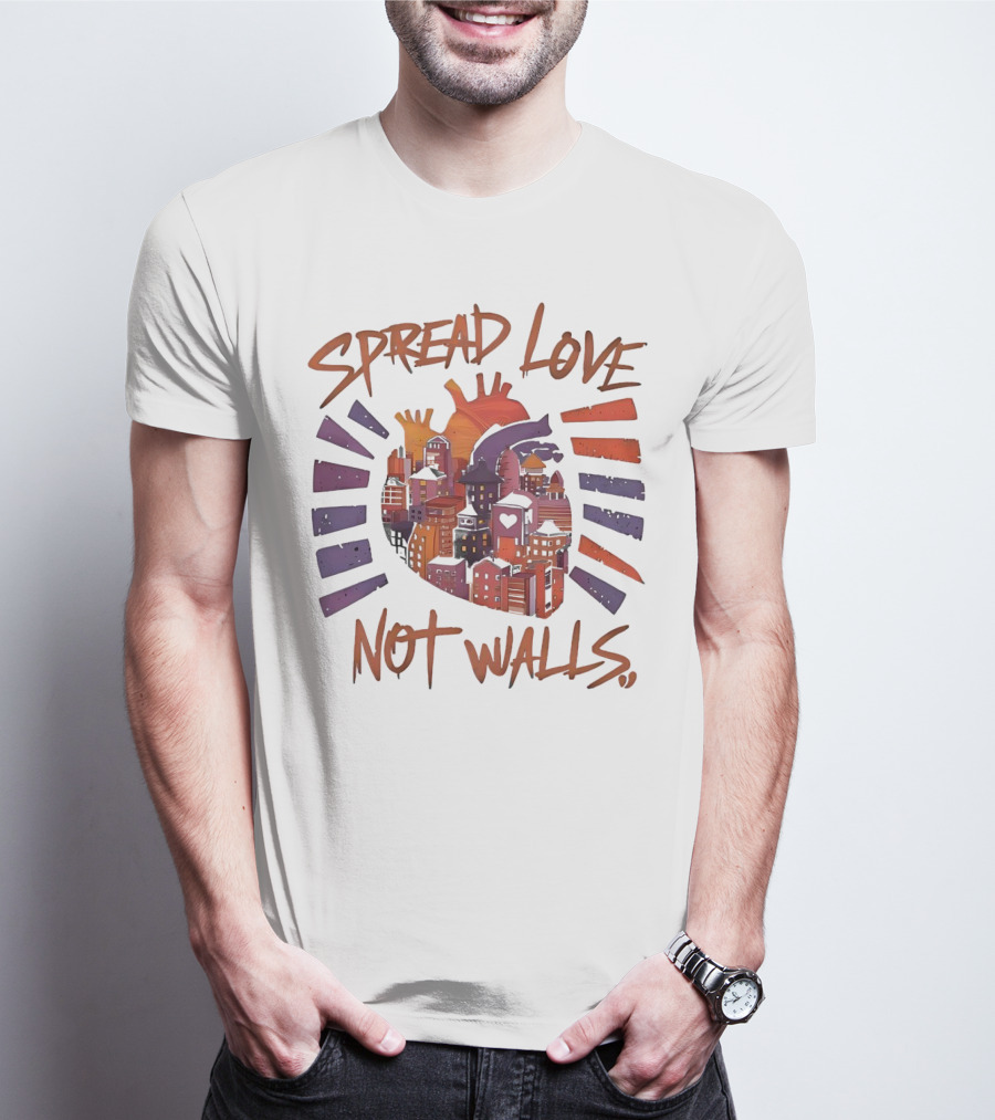 Spread Love Not Walls Cityscape Heart Crown Sunset T-Shirt