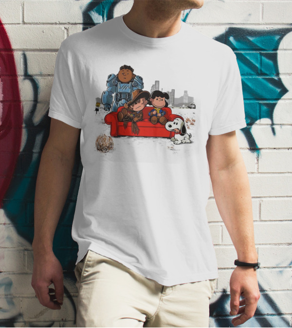 Peanuts Fallout Characters Crossover On Red Couch In Post-Apocalyptic City Scene T-Shirt