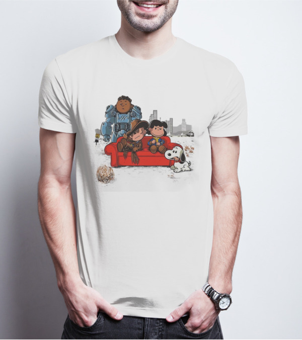 Peanuts Fallout Characters Crossover On Red Couch In Post-Apocalyptic City Scene T-Shirt
