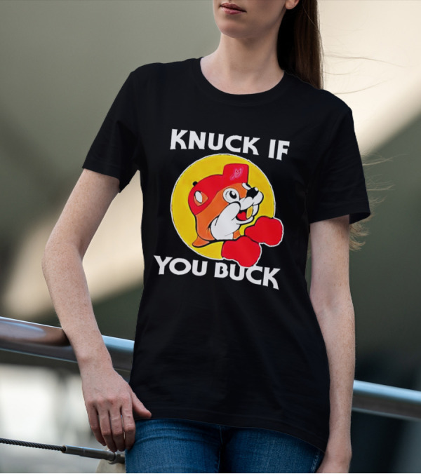 Knuck If You Buck Buc Ees Logo Red Cap Yellow Circle Boxing Gloves T-Shirt