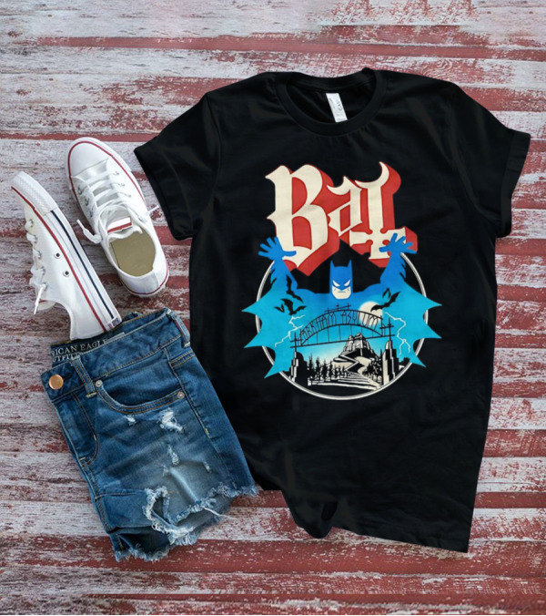 Bat Gotham Asylum Blue Bat Symbol And Red Gothic Font T-Shirt