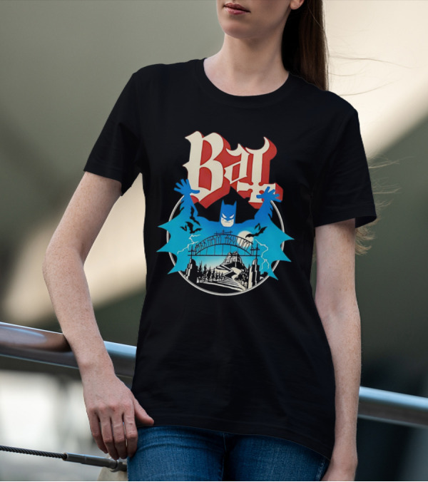 Bat Gotham Asylum Blue Bat Symbol And Red Gothic Font T-Shirt