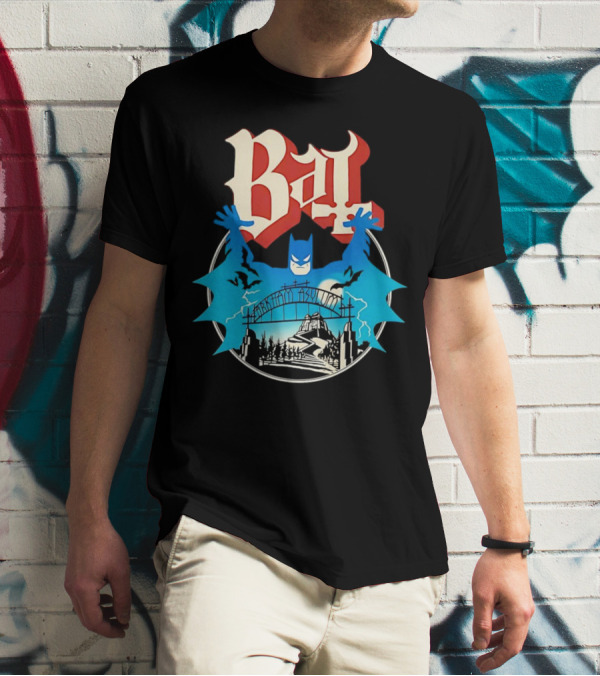 Bat Gotham Asylum Blue Bat Symbol And Red Gothic Font T-Shirt