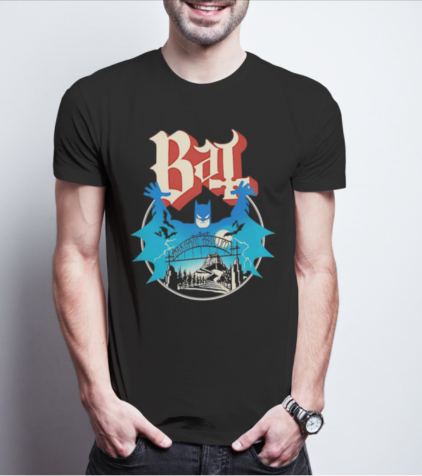 Bat Gotham Asylum Blue Bat Symbol And Red Gothic Font T-Shirt