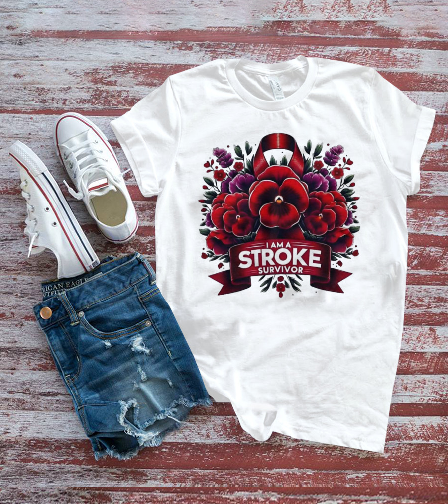 I Am A Stroke Survivor Red Ribbon And Floral Bouquet T-Shirt