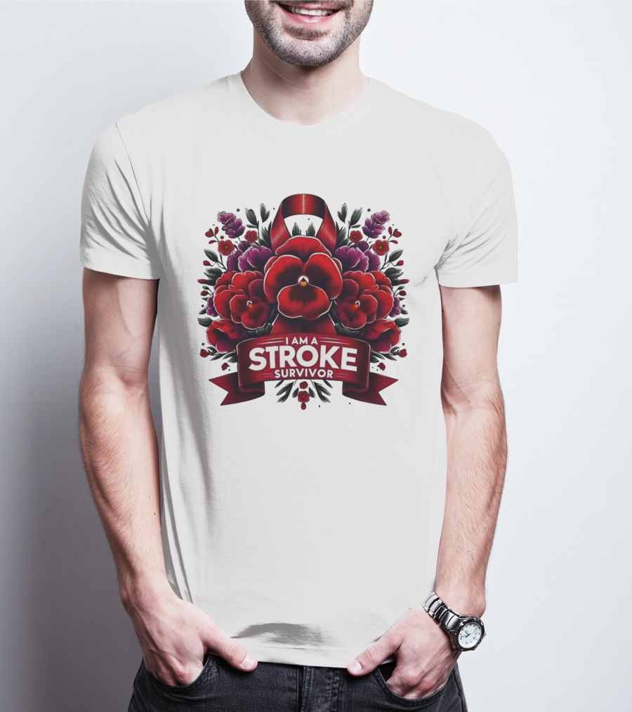 I Am A Stroke Survivor Red Ribbon And Floral Bouquet T-Shirt