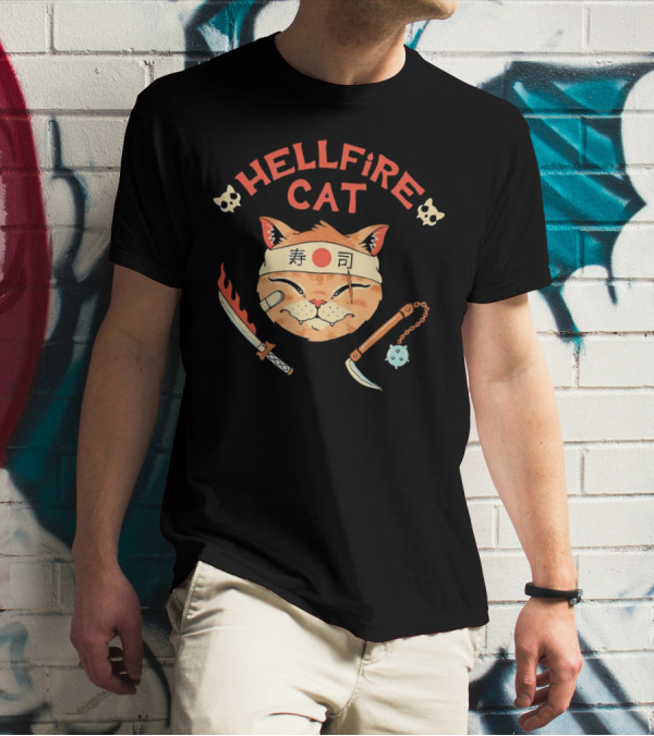 Hellfire Cat Sushi Samurai With Nunchaku And Flaming Sword T-Shirt