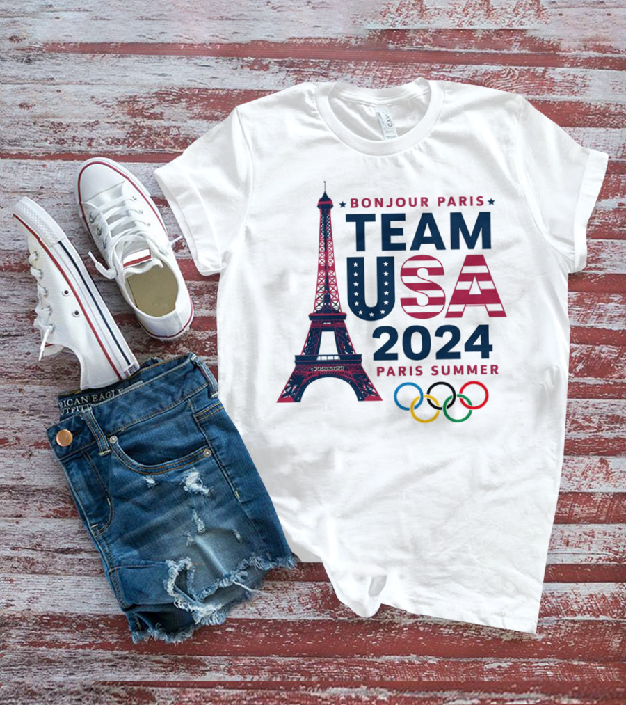 Bonjour Paris Team USA 2024 Paris Summer Olympics Eiffel Tower Rings T-Shirt