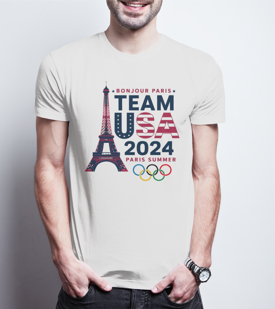 Bonjour Paris Team USA 2024 Paris Summer Olympics Eiffel Tower Rings T-Shirt