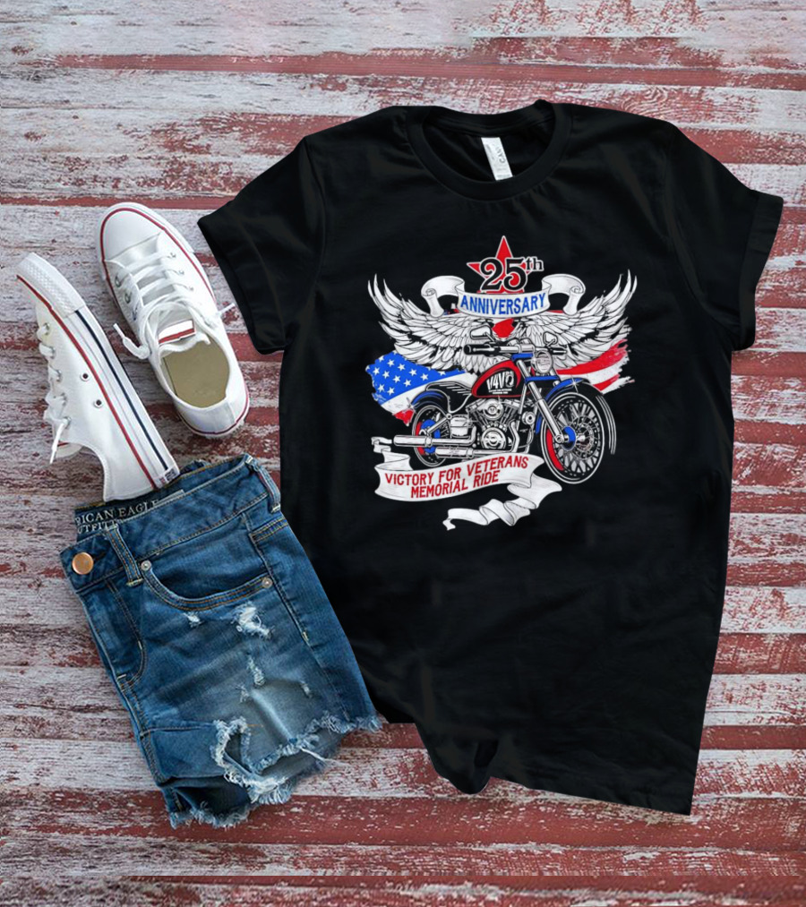25th Anniversary Victory For Veterans Memorial Ride Motorcycle With Wings And Flag T-Shirt