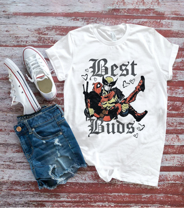 Best Buds Wolverine Carrying Deadpool With Hearts T-Shirt