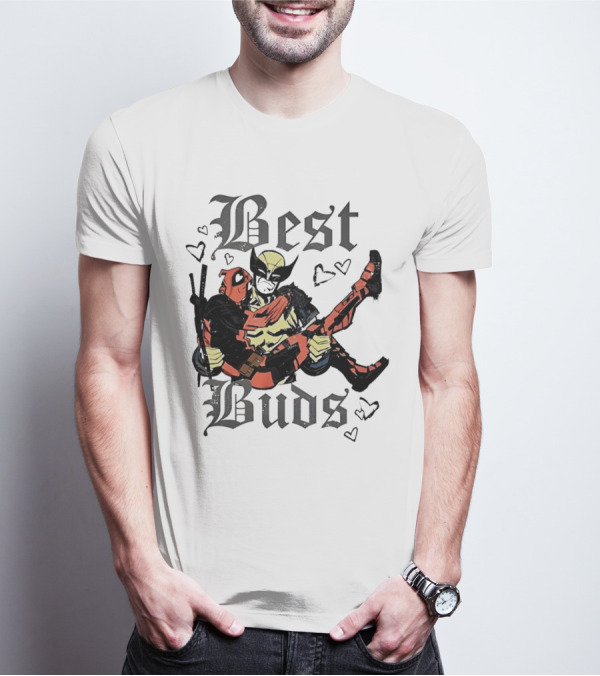 Best Buds Wolverine Carrying Deadpool With Hearts T-Shirt