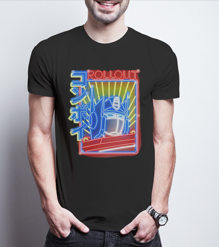 Rollout Neon Prime Robot Head With Japanese Characters T-Shirt