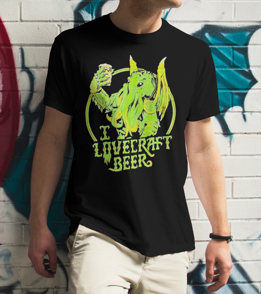 Cthulhu I Love Craft Beer Green Creature Holding Mug T-Shirt