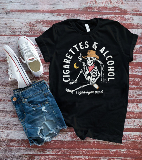 Logan Ryan Band Cigarettes And Alcohol Skeleton In Cowboy Hat Smoking With Bottle And Moon T-Shirt