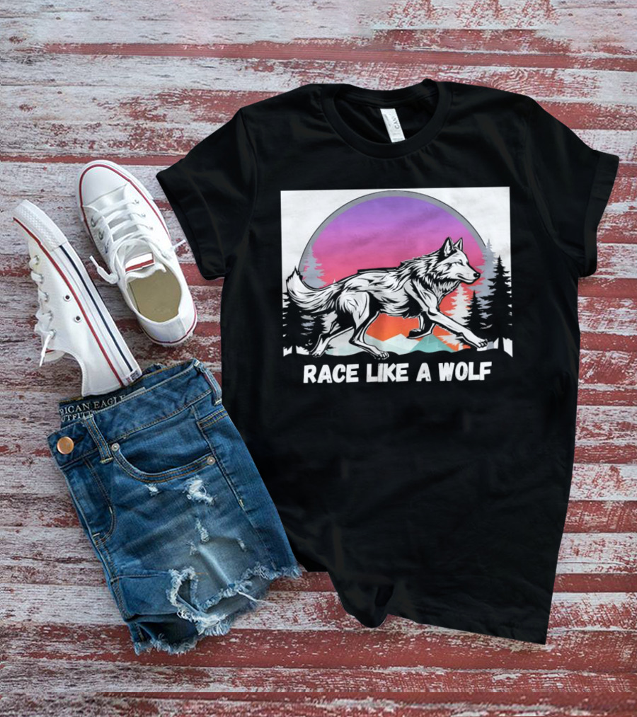Race Like A Wolf Running Through Forest Silhouette At Sunset T-Shirt