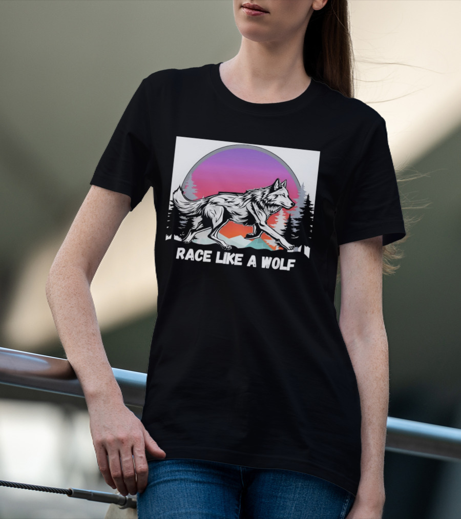 Race Like A Wolf Running Through Forest Silhouette At Sunset T-Shirt