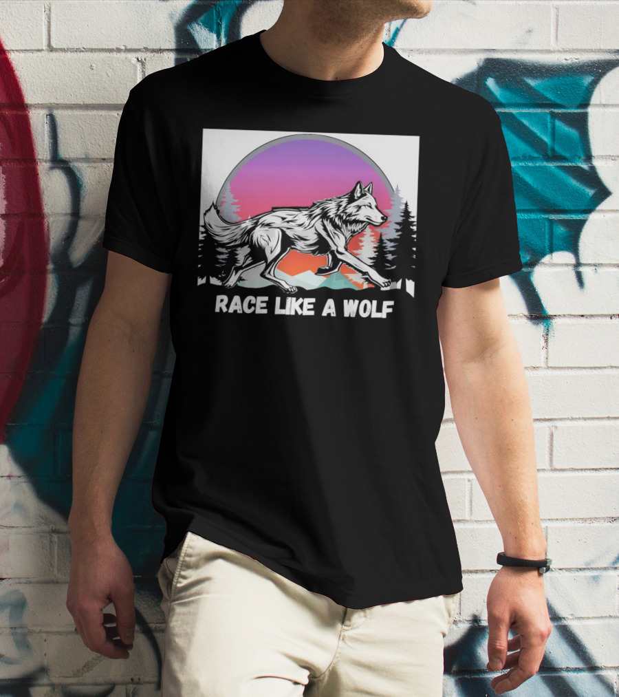 Race Like A Wolf Running Through Forest Silhouette At Sunset T-Shirt