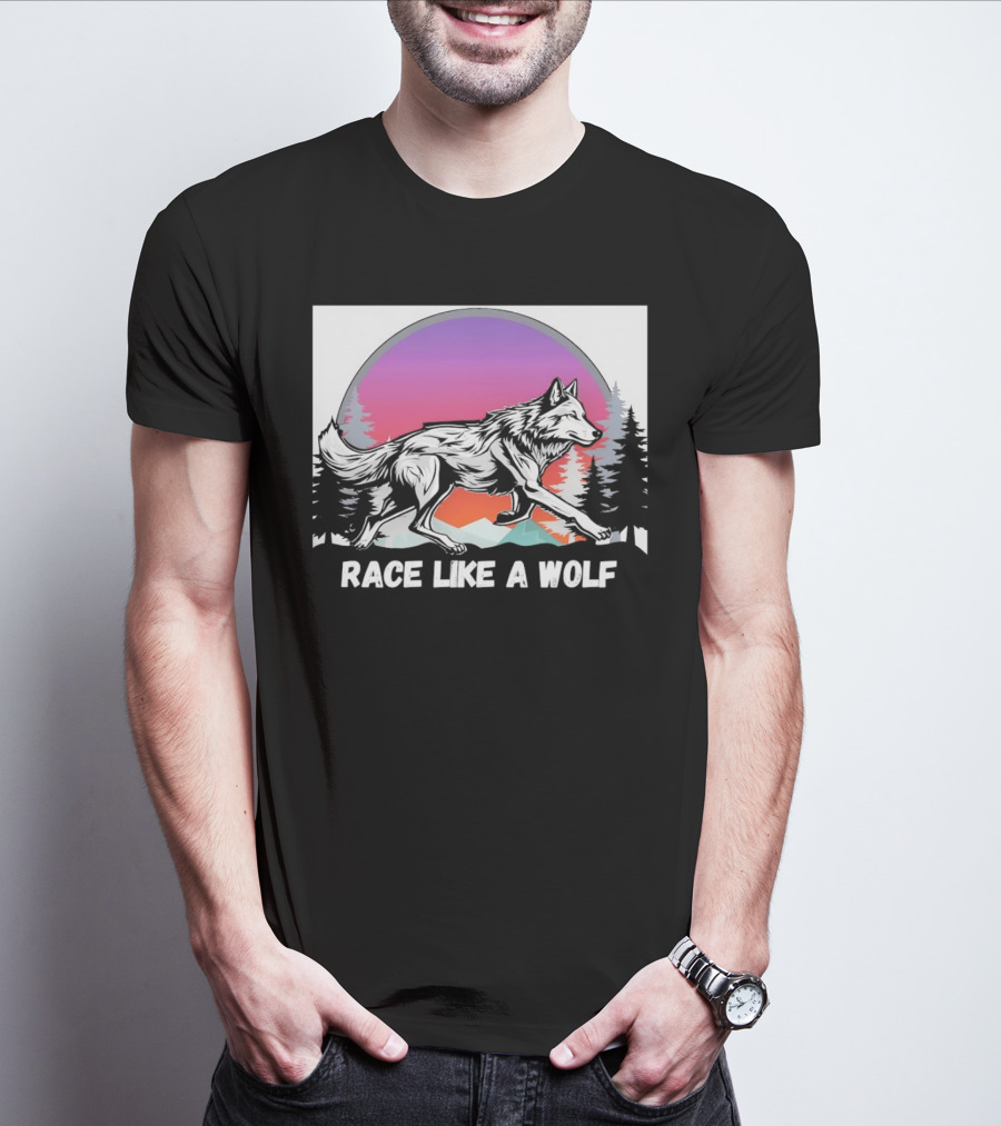 Race Like A Wolf Running Through Forest Silhouette At Sunset T-Shirt
