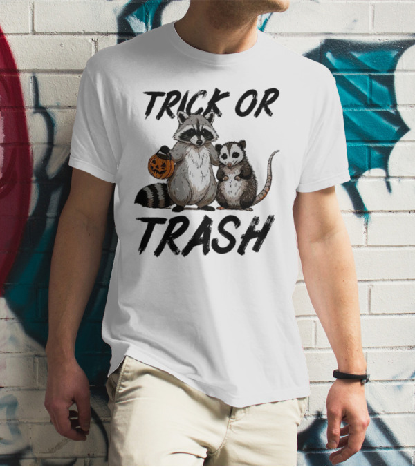 Trick Or Trash Halloween Raccoon With Pumpkin T-Shirt