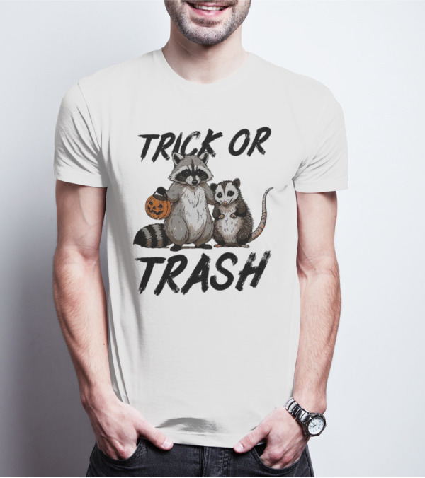 Trick Or Trash Halloween Raccoon With Pumpkin T-Shirt