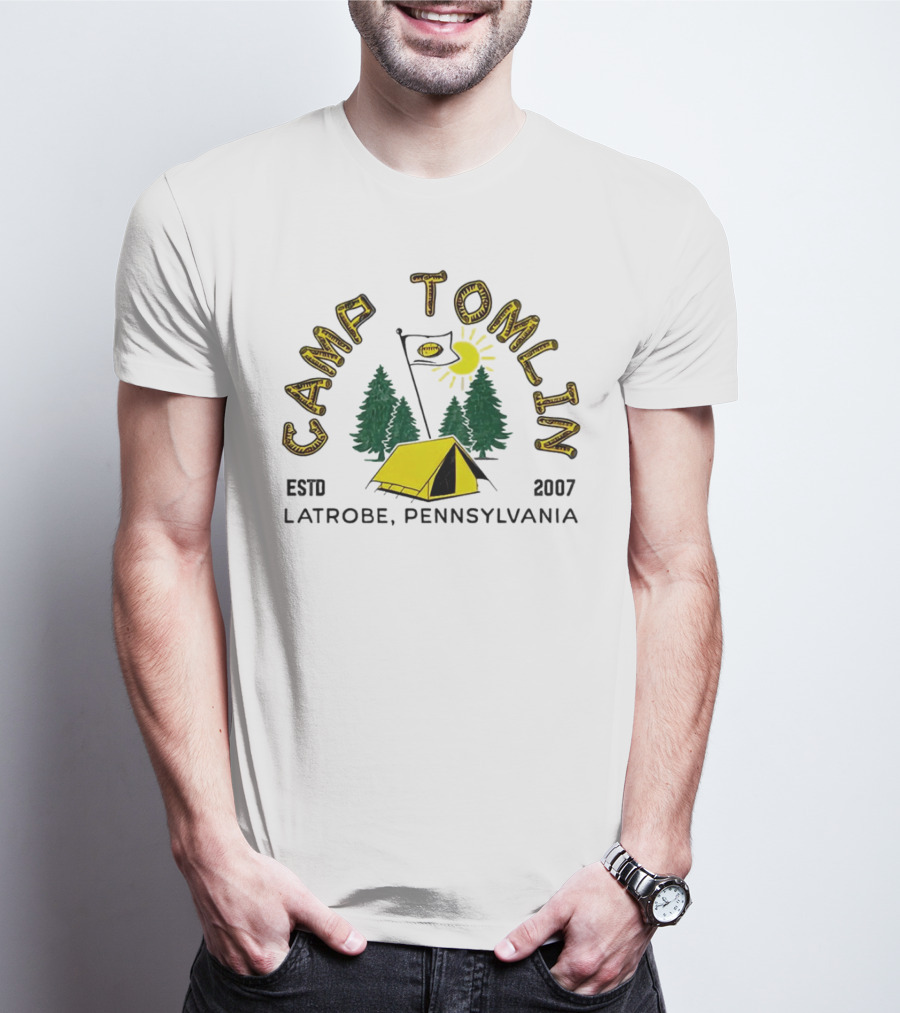 Camp Tomlin Established 2007 Latrobe Pennsylvania Football Camping Tent Trees Moon Sun T-Shirt