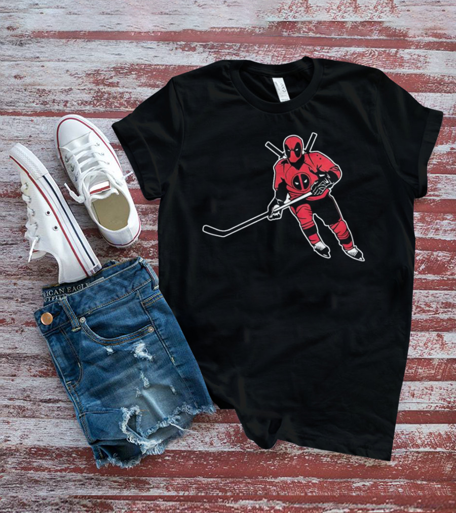 Deadpool Playing Hockey With Iconic Mask And Costume T-Shirt