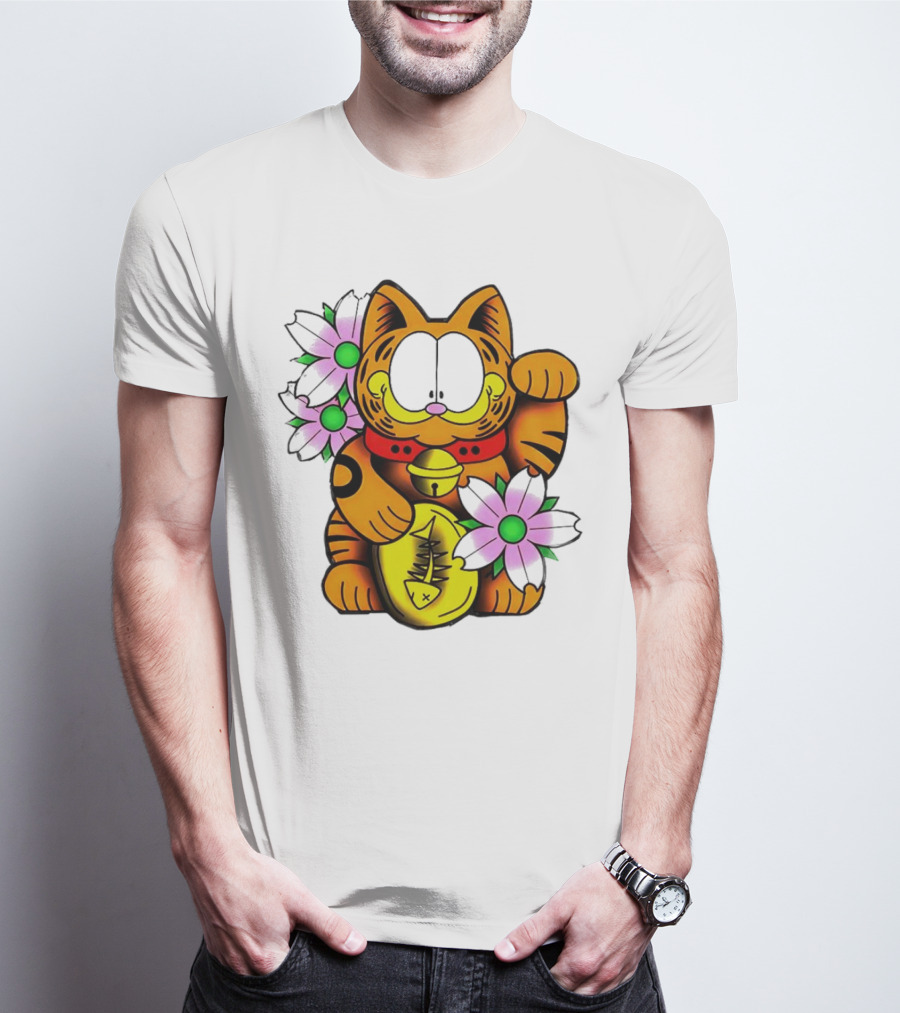 Garfield Maneki Neko With Fish Coin And Flowers T-Shirt