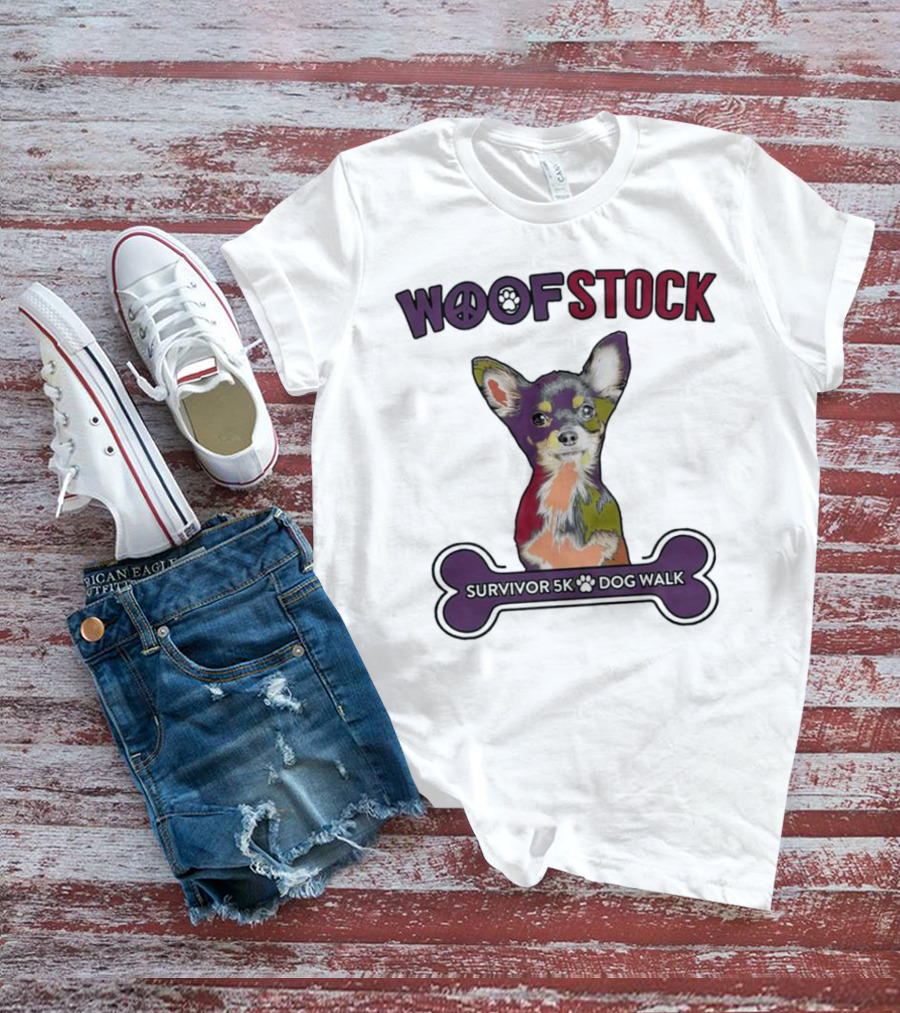 Woof Stock Peace Sign Survivor 5K Dog Walk Colorful Chihuahua Bone T-Shirt