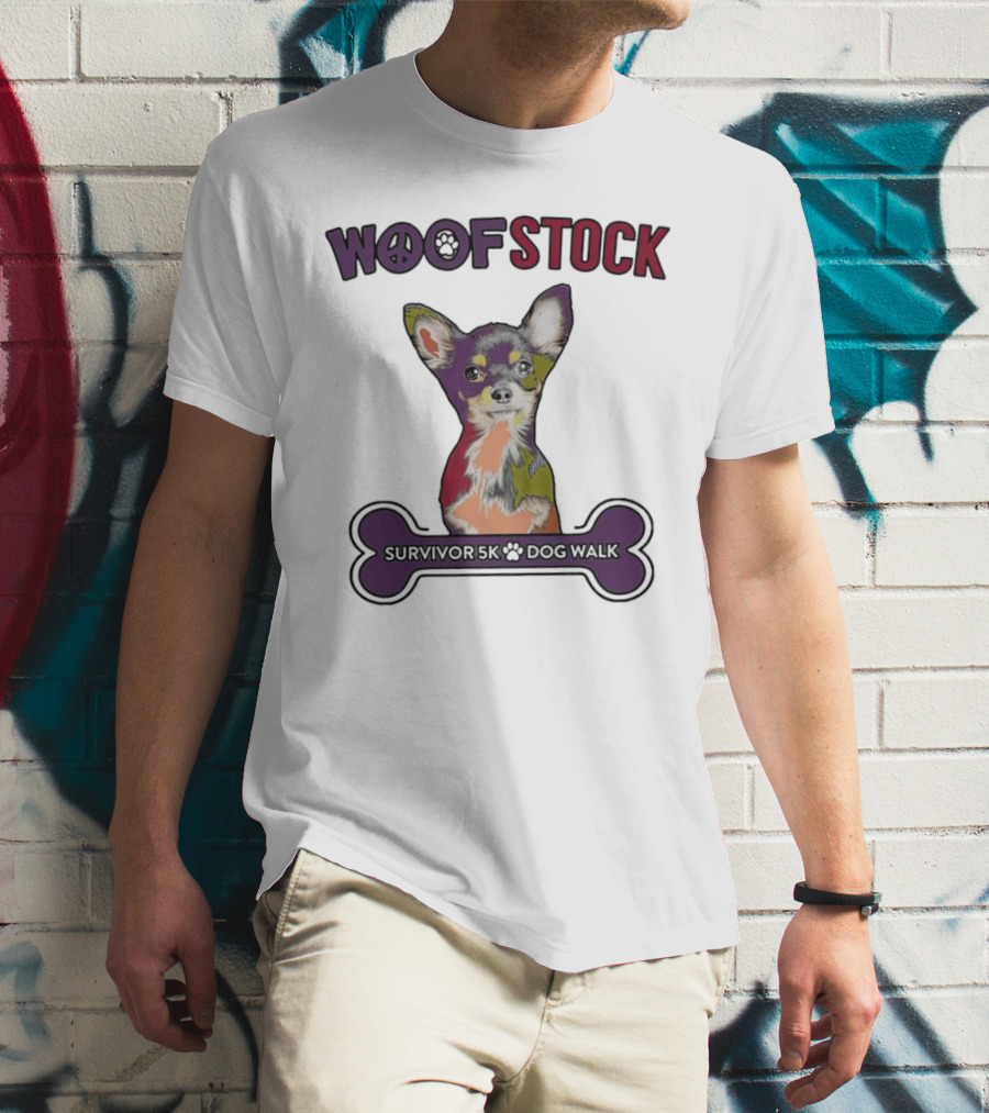 Woof Stock Peace Sign Survivor 5K Dog Walk Colorful Chihuahua Bone T-Shirt