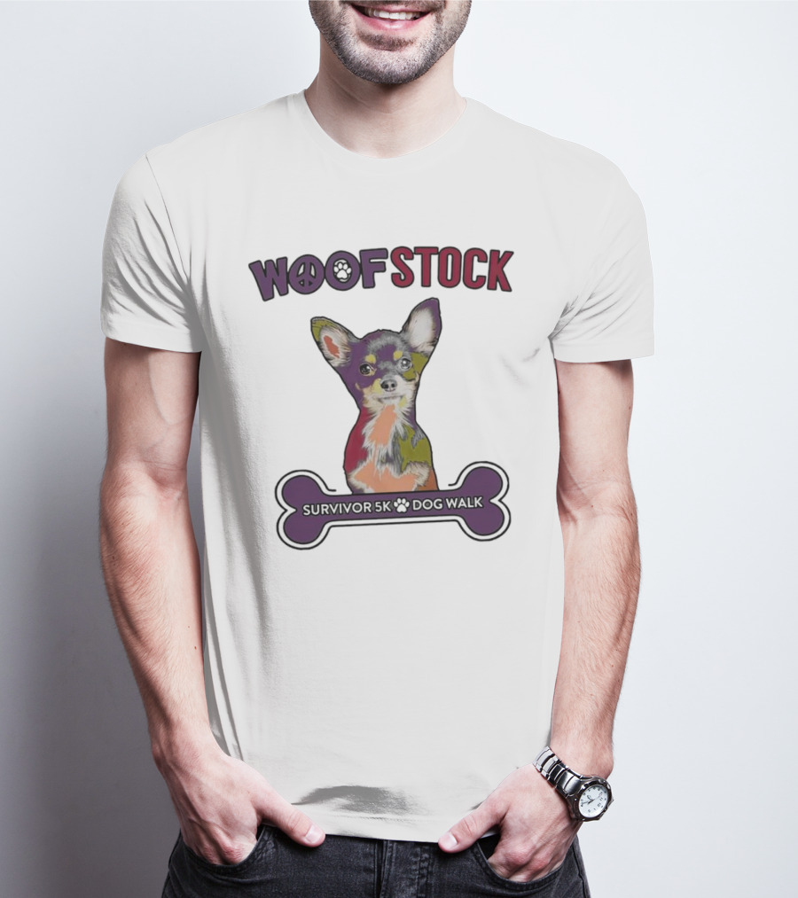 Woof Stock Peace Sign Survivor 5K Dog Walk Colorful Chihuahua Bone T-Shirt