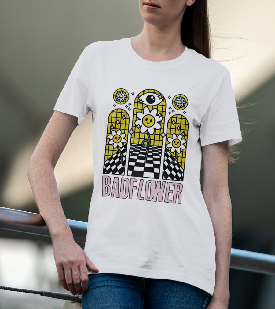 Badflower Eyeball Wall Happy Flowers Stained Glass T-Shirt