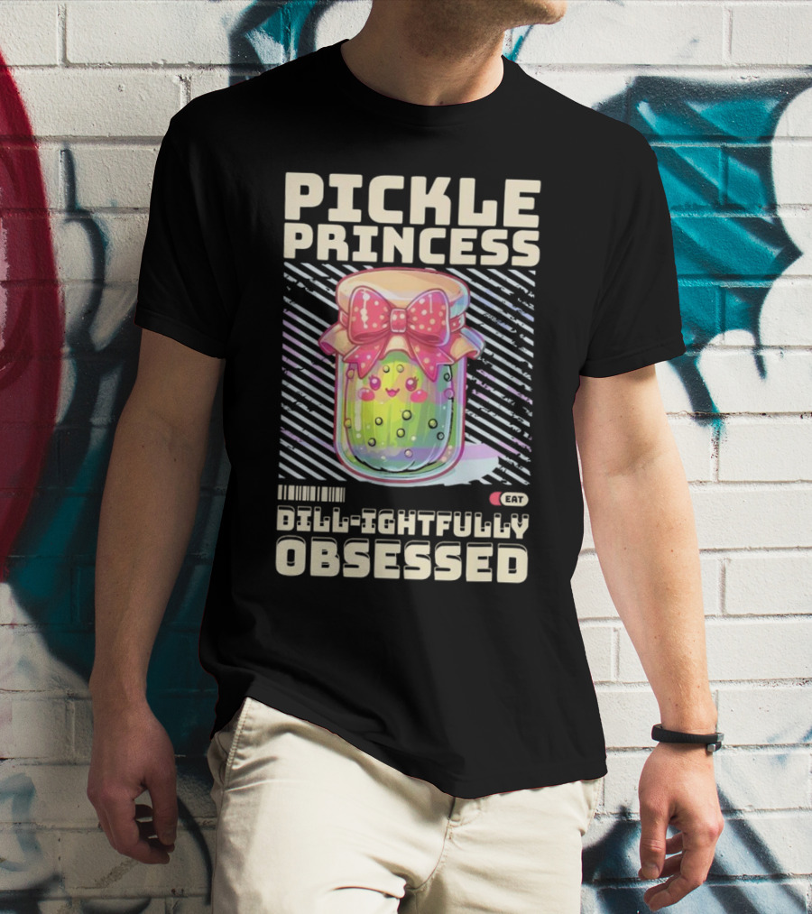 Pickle Princess Dill-ightfully Obsessed Retro Cute Jar With Bow And Barcode Eat T-Shirt