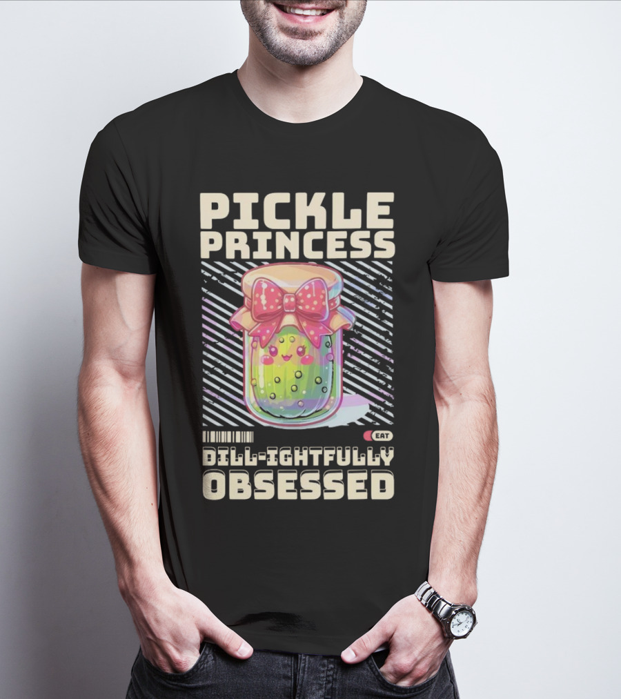 Pickle Princess Dill-ightfully Obsessed Retro Cute Jar With Bow And Barcode Eat T-Shirt