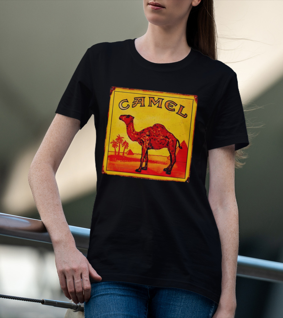 Vintage Camel Cigarettes Logo Yellow Square With Red Camel And Pyramids T-Shirt