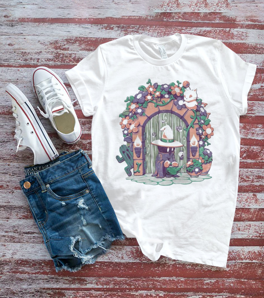A Gardening Mage And Friends Enchanted Floral Doorway Fantasy Garden Scene T-Shirt